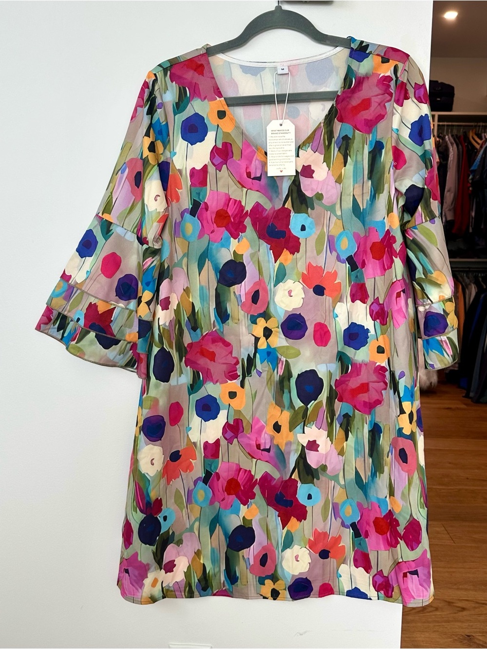 Women's baby doll evening mini dress. Loose fit, gorgeous multi color, soft.